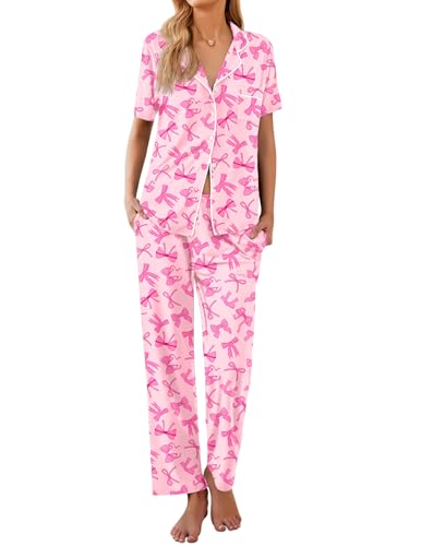 Image of Ekouaer Womens Pajamas Set Short Sleeve Button Down Top & Pants Lounge Pjs | Soft Sleepwear with long pants, ideal for Home relaxation, Wedding, Party, Daily Wear & Breastfeeding