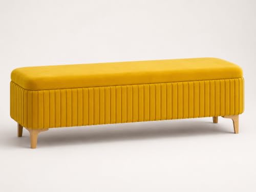 Image of LEGACY OF COMFORT Qwen Velvet Upholstered Flip Top Storage Bench 2 Seater Sofa Upholstered Ottoman Bench with Storage for Living Room, Bedroom (Yellow)