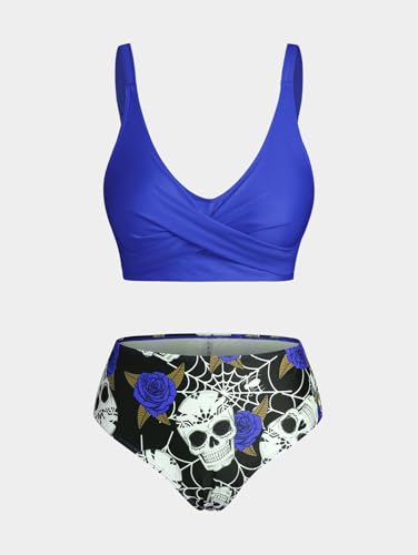Rosegal Plus Size Women 3 Piece Tankini Swimsuit Gothic Skull Rose Spider Web Print Twist Bathing Suit4