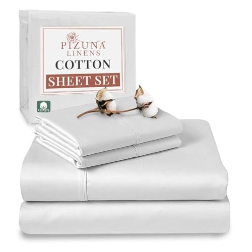 Pizuna 400 Thread Count Queen Cotton Bed Sheets Set, Long-Staple Cotton Sheet Sets Queen Size, Cooling 4 Piece Hotel Luxury Bedding Set with 15" Deep Pocket Fitted Sheet (Queen, White)