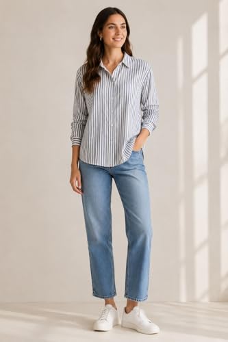 Image of Women's Cotton Linen Striped Oversized Shirt, Regular Fit, Full Sleeve, Button Down, Soft and Breathable