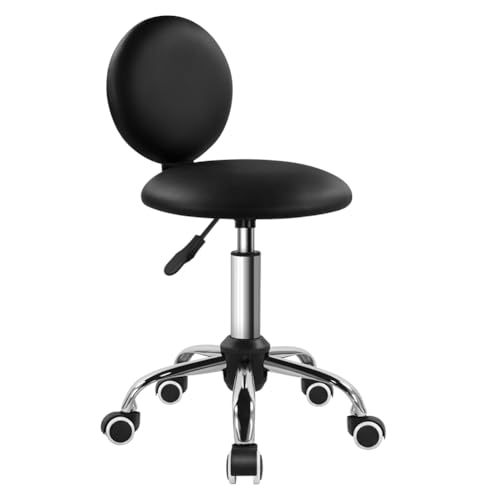 FURWOO Taburete redondo con ruedas y respaldo de piel sintética giratoria, silla de belleza con ruedas para barbería (negro)
