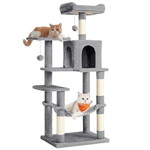 Feandrea Kratzbaum, 143 cm hoch, Katzenbaum, mehrstöckiges Katzenhaus, mit 4 Kratzsäulen, 2 Plattformen, Hängematte, Höhle, hellgrau PCT161W01