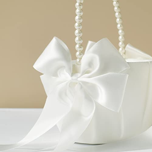 Atailove 2 Pcs Wedding Flower Girl Baskets With Cute Pearl Handle Bowknot Satin Flower Baskets For Wedding Ceremony - Ivory #TOP6