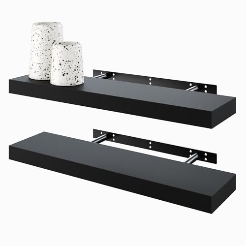 BAMEOS Schwebregale Wandregale Dekorative Wandmontierte Regale Set von 2 mit 60cm Wanddeko für Bad Küche Wohnzimmer und Schlafzimmer (Schwarz)
