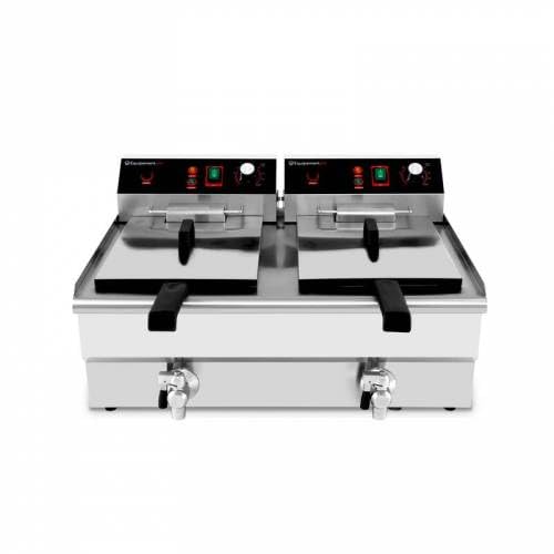 Freidora profesional de acero inoxidable, 2 x 10 L, con grifo - alta capacidad para patatas fritas y buñuelos - Snack, Restaurante, Catering - Equipementpro