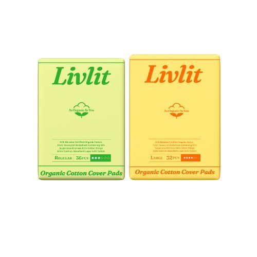 Livlit Organic Cotton Sanitary Pad Bundle – Regular Pads 36pcs + Large Pads 32pcs, Chlorine Free, Unscented, Ultra Absorbent Period Care