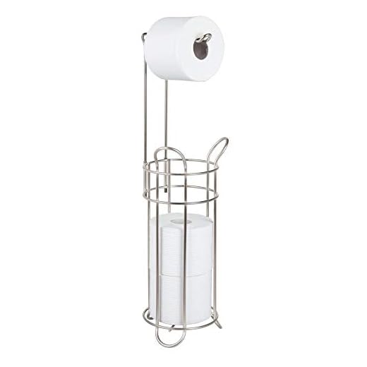 mDesign Portarrollos de papel higiénico de pie – Moderno dispensador de papel higiénico de metal – Porta rollos de pie con espacio para 4 rollos de papel higiénico – plateado mate