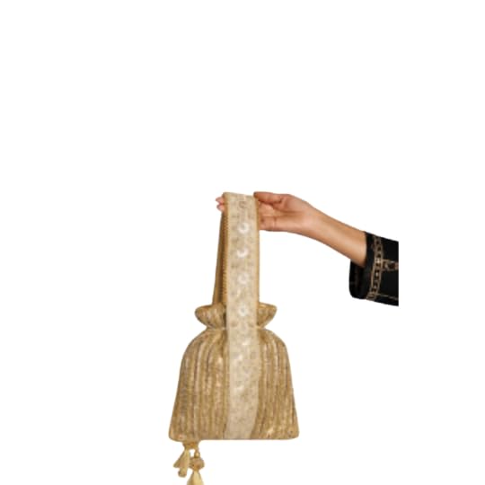 Golden Potli Bag, Embroidered Fabric, Drawstring Closure, Tassel Detail, Traditional Indian Ethnic Handbag Belt Potli 10 X 12 INCH-image-7