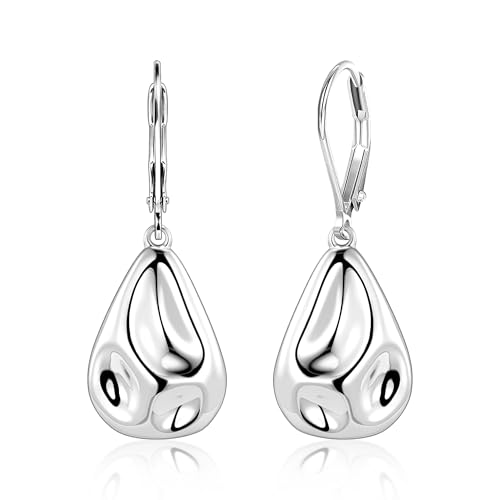 Sterling Silver Teardrop Earrings LANCHARMED Hypoallergenic Hammered Chunky Thick Waterdrop Dangle Earring 925 Sterling Silver French Dangling Drop Leverback Earrings for Women Trendy Jewelry