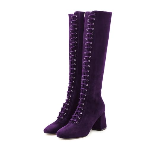 FSJ Women Fashion Round Toe Chunky Block Heel Knee High Riding Boots Laces Dress Shoes Size 4-15 US