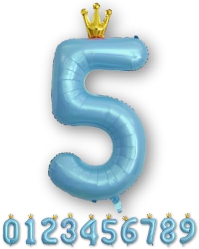 La Kissa バルーン 数字 バースデー 誕生日 飾り付け 風船 王冠付き クラウン 40インチ 大きい ストロー付 ナンバーバルーン 約90cm 記念日(王冠ブルー,５)のサムネイル