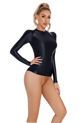 Yaaapiy Damen Glänzend Overalls Ganzkörper Anzug Body Einteiler Bodysuit Jumpsuit Glossy Glatt Strupmhose Leggings Unterwäsche (Schwarz, M)