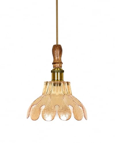 Image of Homesake Botanica Pendant Lamp | Petal Scalloped Glass Hanging Light with Solid Wood Top | Vintage European Ceiling Fixture, Pendant Light for Home Decor, Hallway, Kitchen & Balcony, (Petal, Yellow)