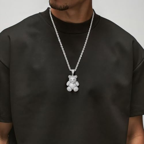 Silver Necklace for Men with Bear Pendant Stainless Steel Rope Chain Fashion Mens Necklaces Iced Out Pendant with Full CZ Trendy Gummy Bear Necklace for Gift