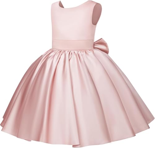 Girls Satin Flower Dresses for Wedding Short Princess Pageant Gown Bow First Communion Dress Short Sleeves3