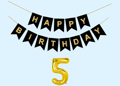 Image of 5th Happy Birthday Decoration Kit Black for 5 year Old Boys Girls Baby Twins with Number FiveParty Decorations Decor Celebration Items Item Set Combo Reusable Paper Banner