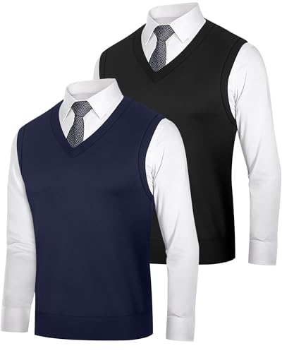 Ficerd 2 Pack Men's Sweater Vest, Slim Fit V Neck Knitted Pullovers Casual Lightweight Knitwear Sleeveless Basic Sweater Tops2