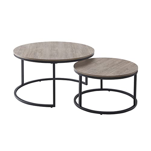 Censi Grey Oak Round Nesting Coffee Table For Living Room, 31.5" Modern Industrial Wood And Metal Coffee Table Set Of 2(French Oak) #TOP4