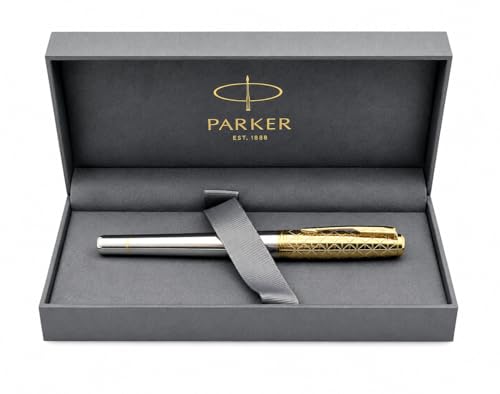 Parker Urban Premium Metal Fountain Pen | Aureate Gold Powder with Intricate Engraved Pattern | Gold Trims | Medium Nib | Black Ink | Luxury Gift Box