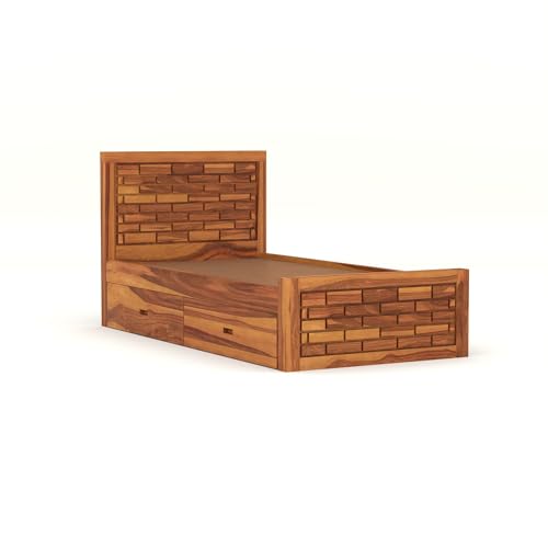 Image of Solid Sheesham Wood Single Size Bed with 2 Drawer Storage Wooden Single Cot Bed for Home Living Room Bedroom Guest Room Hotel (Honey, Size 6 * 4)