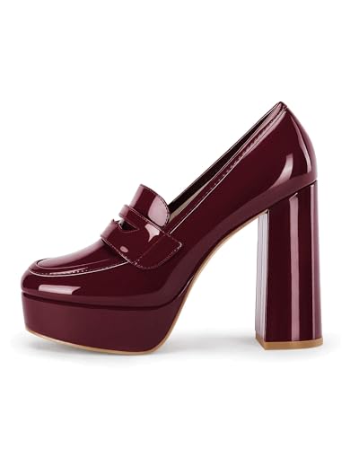Image of Coutgo Womens Platform Heels Loafers Chunky High Heel Closed Toe Patent Leather Shoes Penny Loafer Business Dress Work Pumps