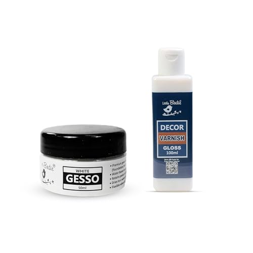 Image of Little Birdie Decor Varnish Gloss 100ml & Acrylic Gesso White 50ml Kit, Surface Primer for Canvas Wood MDF DIY Art Craft Painting Decor