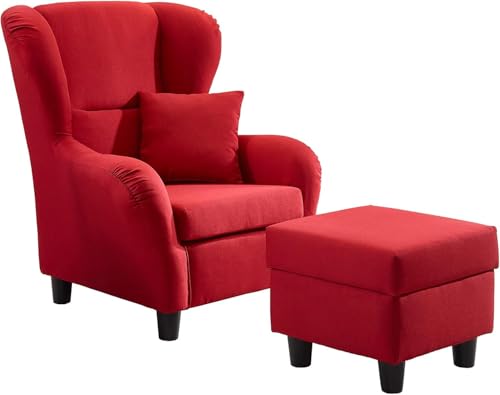 lifestyle4living - Moderner Ohrensessel mit Hocker – Große Auswahl an Stoffen und Farben - Gemütlicher Designer-Sessel im eleganten Landhaus-Stil, Rot
