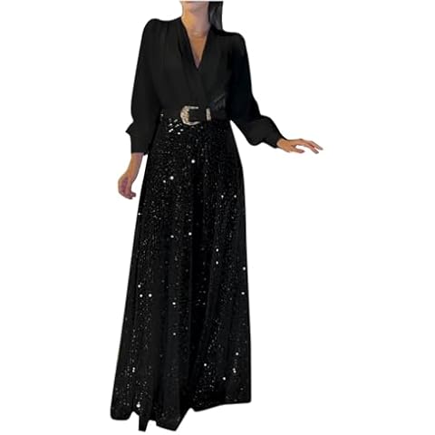 BXINGOHAI Womens Sequins Jumpsuits Belted High Waisted Wide Leg Trouser Suit Clubwear Long Sleeve V-Neck Party Evening Outfit Black Cover