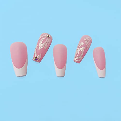 24Pcs French Tip Press On Nails Medium Square Shaped Fake Nails Pink Stick On Nails Diamonds Glue On Nails White Flower Design Acrylic False Nails For Women Or Girl Manicure #TOP5