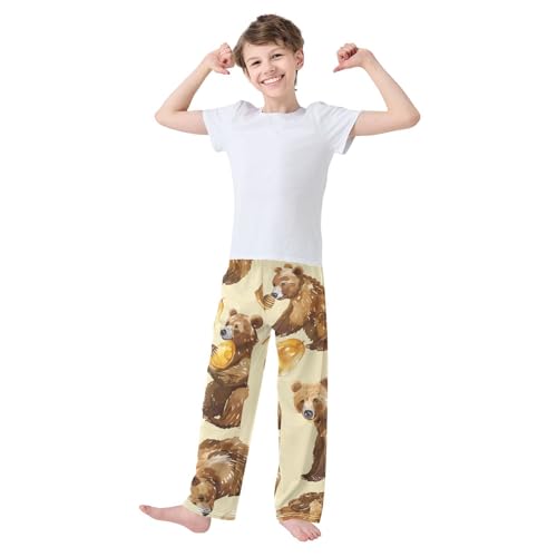 ZZXXB Bear Honey Print Boys Long Pants Soft Trousers Elastic Waist Kids Lounge Bottoms with Pockets S-XL2