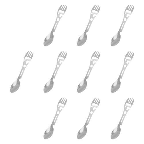 Yiju 10Pcs Multifunction Camping Spork Fork & Eating Tool Cutlery Wrench Can and Bottle Opener for Picnic Traveling Camping, Silver