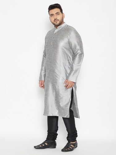 Image of Vastramay Plus Men Men's Grey And Black Silk Blend Kurta Pyjama Set