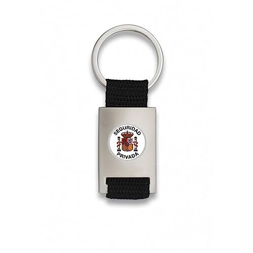 ADCSHOP Keychain with Private Security Shield in drop embossed on matt chrome metal, Strong black nylon braided ribbon