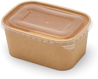 London Coffee Cups 200pcs X 1000ml Rectangular Kraft Paper Bowls with PP Lids - Takeaway Bowls for Hot/Cold Food - Leakproof Food Containers - Brown Cardboard Packaging Bowls (1000ml, 200 sets)