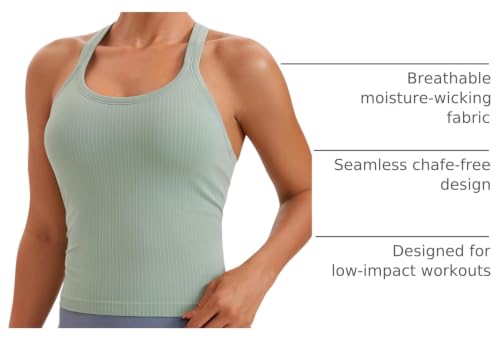 Image of CRZ YOGA Seamless Rib Racerback Tank Tops | Light Support, Built in Bra, Removable Pads, Yoga, Ribbed, High Neck, for Women