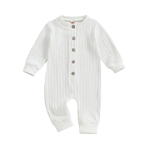 Image of MERSARIPHY Newborn Baby Girl Boy Knitted Rib Romper Unisex Gender Neutral Infant Button Jumpsuit Long Sleeve Bodysuit Clothes
