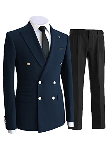 Aesido Costume 2 pièces pour homme Coupe normale Double boutonnage Bal Smoking Business Veste Blazer Pantalon Mariage Marié, bleu marine, Taille Unique Cover