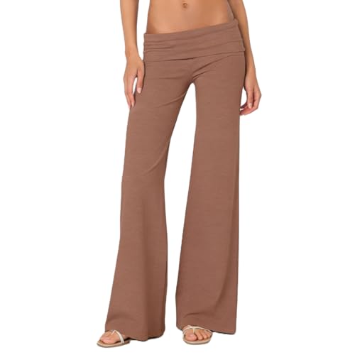 Image of Lounge Yoga Pants for Women Fold Over Low Waist Wide Leg Bell Bottoms | Y2K Foldover Pants, Flare Leggings, Low Rise Yoga Sweatpants