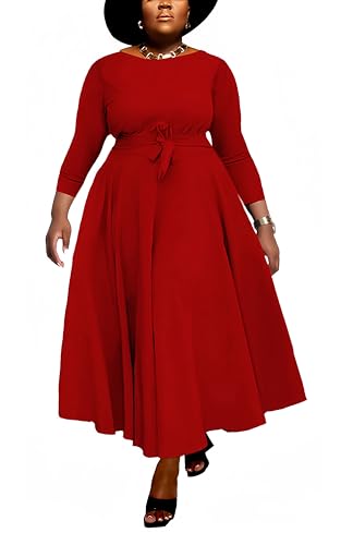 Image of Hostoyo Women Plus Size Formal A Line Maxi Dress Self Tie Waist with Pockets Elegant Round Neck Swing Long Dresses
