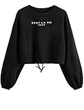 Romwe Women's Casual Slogan Graphic Print Drawstring Crop Sweatshirt Pullover Black XL