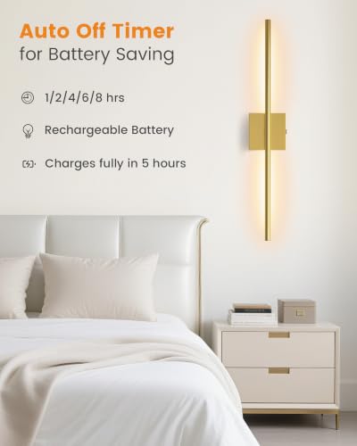 Image of VOLISUN 7800mAH Battery Operated Wall Sconces Set of Two, Rechargeable Wall Sconces with Remote, 3000K-6500K Dimmable Wireless Wall Lamp, 28'' Wireless Wall Lights for Bedroom, Living Room(Gold)
