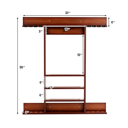 Gymax Pool Cue Rack, 8 Cue Wall-Mounted Pool Stick Holder With 15 Billiard Balls Holders And 1 Triangle Rack, Solid Pine Wood Billiards Rack Only For Billiard Room Or Club (Burlywood) #TOP6