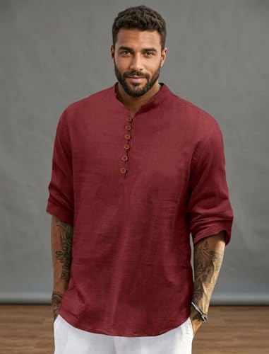 Image of FINIVO FASHION Men's Solid Cotton Blend Regular Fit Straight Kurta with Roll of Sleeve and Classic Collar, Pack of 1