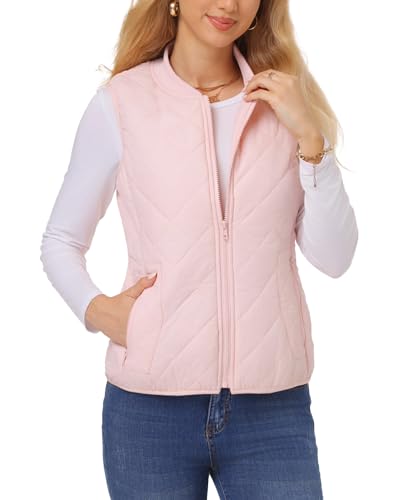 Fuinloth Women's Quilted Vest, Rib Collar Lightweight Zip Padded Gilet Light Pink XL