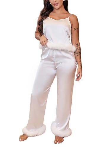 Luxury Satin Pajama Set with Fur Trim 2 Piece White Bridal Sleepwear