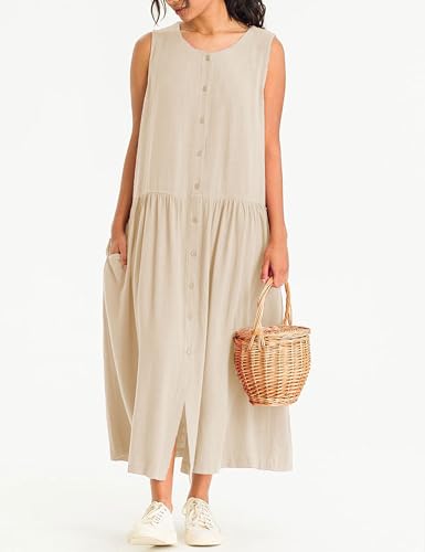 Image of Bozanly Summer Sleeveless Maxi Dress for Women Button Down Midi Dresses with Pockets Solid Color Loose Flowy Beach Dress 2025