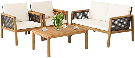 PATIOJOY 4 Pieces Outdoor Acacia Wood Furniture Set, PE Wicker Conversation Set with Coffee Table and Soft Cushions, Sofa for Garden, Poolside and Backyard (1, Off White)
