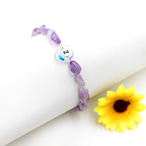 Image of Uloveido Purple Natural Stone and Austrian Crystal Letter Bracelet, Personalized Initial Jewelry for Women A-Z 26 Letters