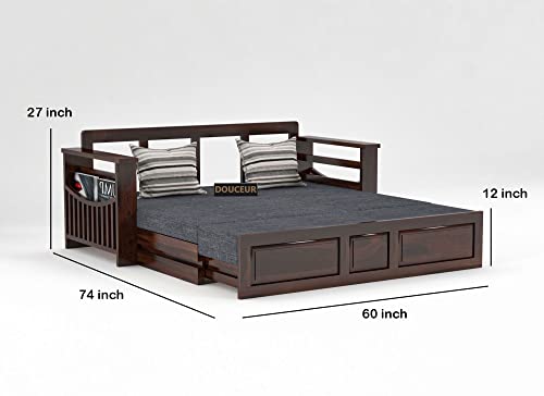 Image of Douceur Furnitures Solid Sheesham Wooden Sofa Cum Bed Queen Size with Storage for Living Room | Wooden Foldable 3 Seater Sofa Cum Bed with Headboard Folding Double Bed for Home Bedroom (Walnut)